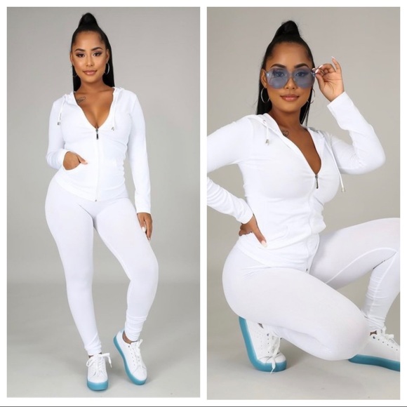 Pants - NEW TRENDY WHITE TWO PIECE HOODIE LEGGING SET